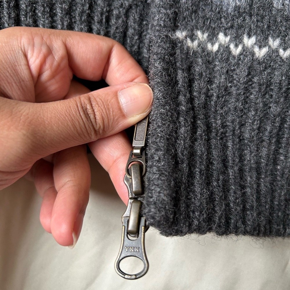 ❌SOLD❌
L.L. Bean Charcoal and Cream Fair Isle Zip-Up Sweater 100% lambswool - Picture 3 of 5